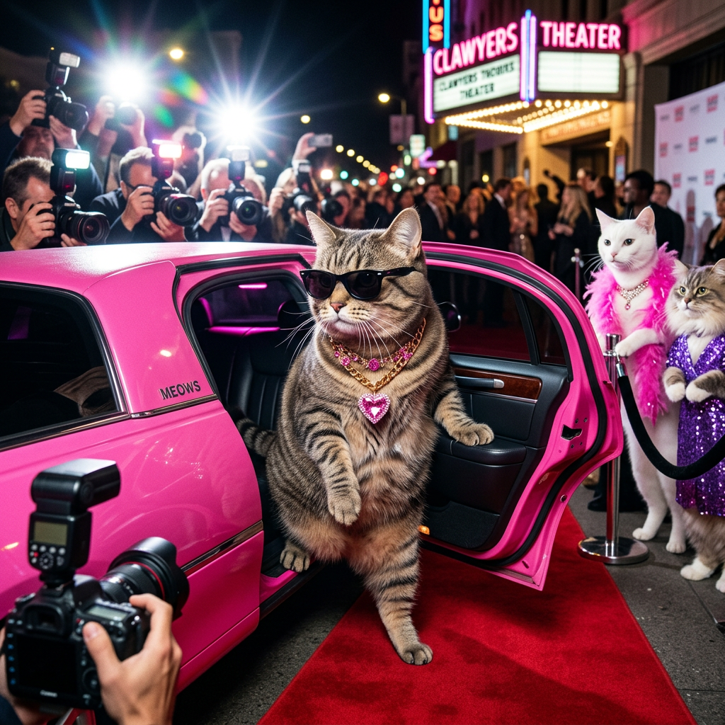 The boss cat stepping out of a pink limo onto the red carpet